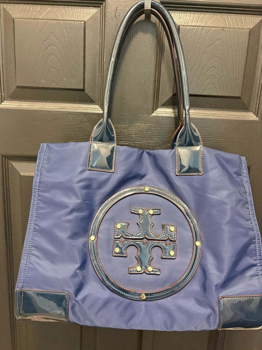 Tory Burch Ella Dark Navy Nylon Tote with Patent Trim and Logo Medallion